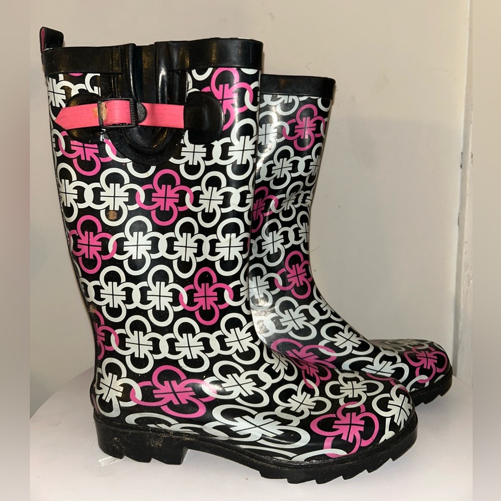 Capelli of New York Black and Pink Graphic Rain Boots - Picture 2 of 5